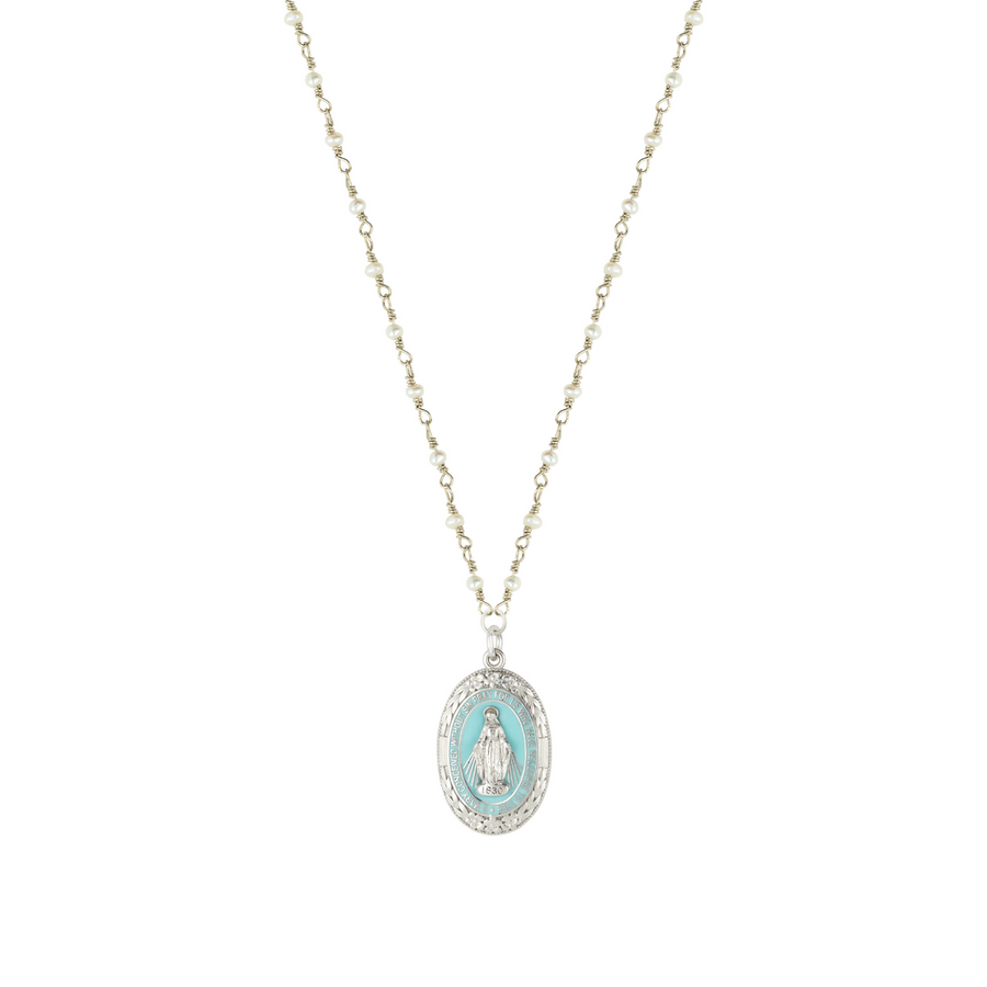 Miraculous Medal in White Gold with a Pearl Chain