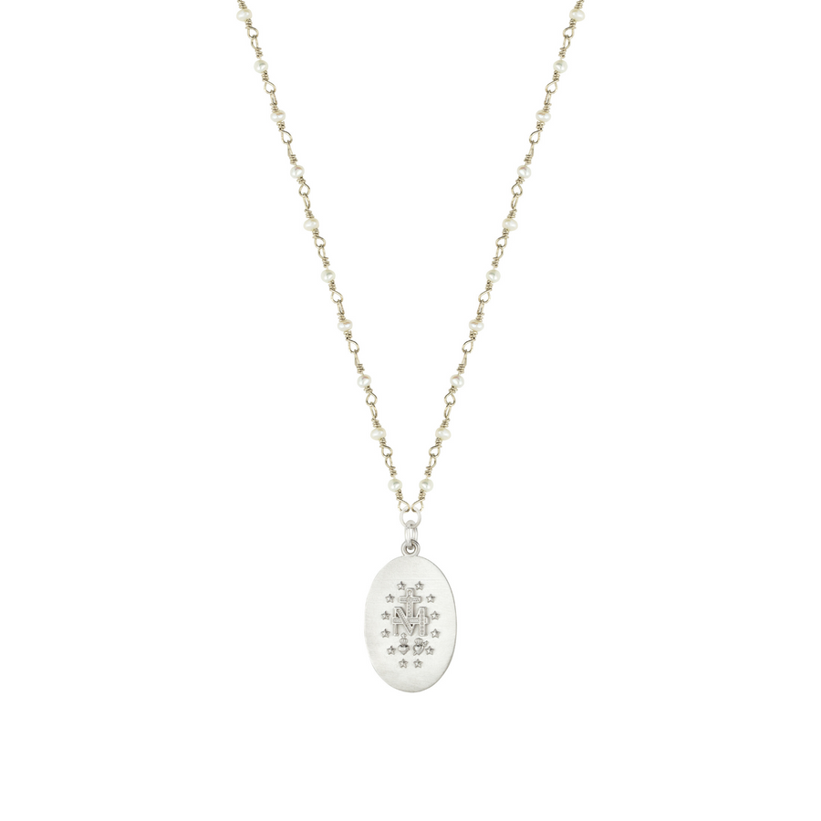 Back Side of a Miraculous Medal in White Gold With a Pearl Chain